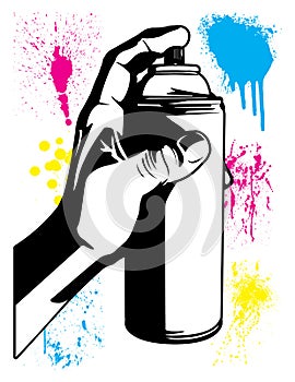 Hand Using an Aerosol Can with Paint Splatter Textures Black and White Cartoon Vector Illustration Set