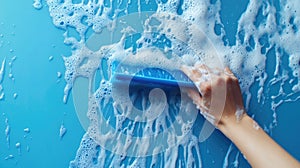 A hand using a blue squeegee to clean a soapy surface against a bright blue background