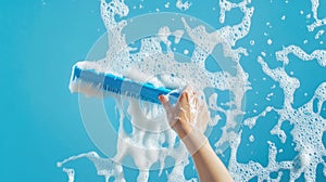 A hand using a blue squeegee to clean a soapy surface against a bright blue background