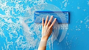 A hand using a blue squeegee to clean a soapy surface against a bright blue background