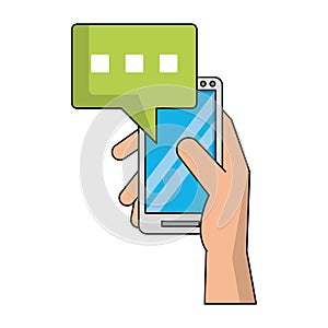 Hand using cellphone and speech bubble