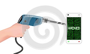 Hand using electric drill to hack smartphone