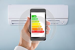 Hand Using Energy Label On Mobile Phone Against Air Conditioner