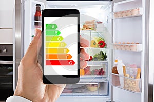 Hand Using Energy Label On Mobile Phone Against Refrigerator