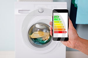 Hand Using Energy Label On Mobile Phone Against Washing Machine