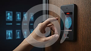 Hand Using Fingerprint Scanner for Secure Access with Digital Interface in Background