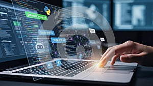 Hand using laptop with AI interface and code on virtual screen