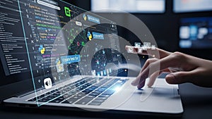 Hand using laptop with AI interface and code on virtual screen