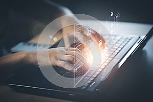 Hand using laptop and touch folder of document Management System, online documentation database and process automation to efficien