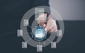 Hand using laptop and touch folder of document Management System, online documentation database and process automation to efficien