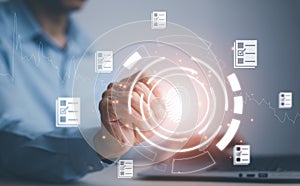 Hand using laptop and touch folder of document Management System, online documentation database and process automation to efficien