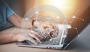 Hand using laptop and touch folder of document Management System, online documentation database and process automation to efficien