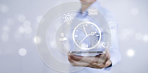 Hand using laptop and touch folder of document Management System, online documentation database and process automation to efficien