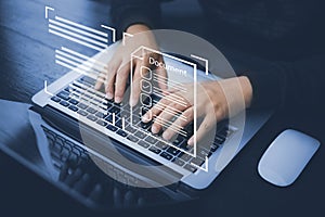 Hand using laptop and touch folder of document Management System, online documentation database and process automation to efficien