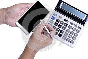 Hand using modern mobile phone with calculator