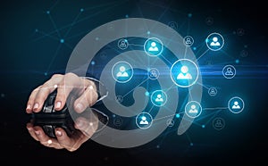 Hand using mouse with human networking concept