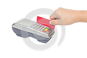 Hand using payment terminal isolated on white, paying with credit card, credit card reader, finance concept