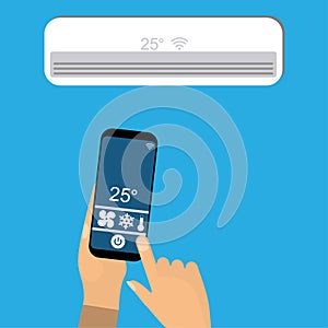 Hand using smartphone as a remote control for air conditioning
