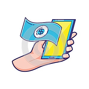 Hand using smartphone with bill dollar