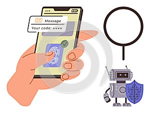Hand using smartphone biometric authentication with fingerprint and security code for secure access