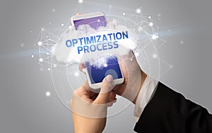 Hand using smartphone with cloud business concept