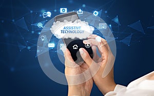 Hand using smartphone with cloud technology concept