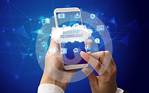 Hand using smartphone with cloud technology concept