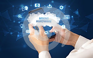Hand using smartphone with cloud technology concept