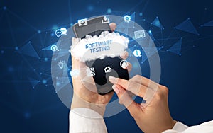 Hand using smartphone with cloud technology concept