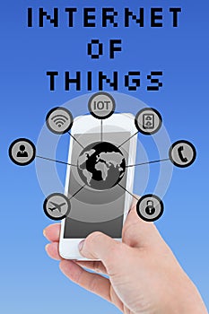 hand using smartphone with graphics