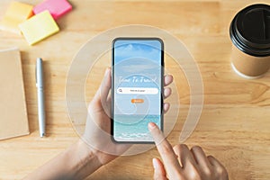 Hand using smartphone and search for vacation travel trips on mobile with booking hotel on website, Summer, holiday concept