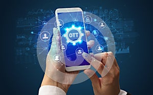 Hand using smartphone with technology concept