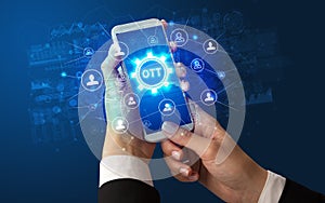 Hand using smartphone with technology concept