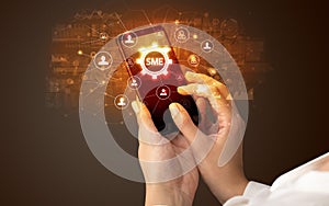 Hand using smartphone with technology concept