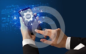 Hand using smartphone with technology concept