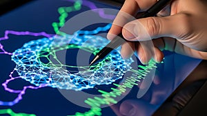 Hand using stylus on digital tablet displaying data visualization and network analysis