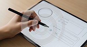 A hand is using a stylus on a digital tablet displaying a wireframe layout. The screen