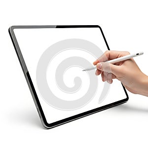 Hand using stylus on tablet