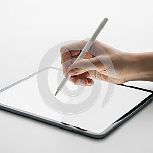 Hand using stylus on tablet
