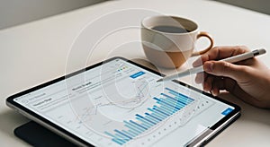 Hand Using Stylus on Tablet Showing Data Graphs Charts
