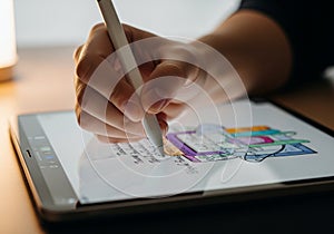 A hand using a stylus to draw on a tablet screen. The screen