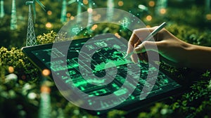 Green Technology Data Analysis on a Tablet in a Lush Forest