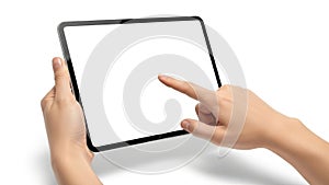 Hand using tablet computer isolated on white background