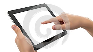 Hand using tablet computer isolated on white background