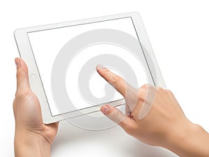 Hand using tablet device isolated on white background