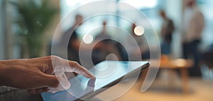 The hand using a tablet in a modern office environment with people networking. AI generated image