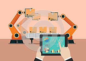 Hand using tablet to control automation robot arm machine