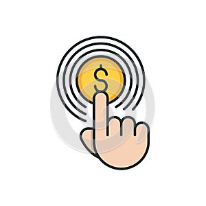 Hand using touch screen and coin icon, color, line, outline vector sign, linear style pictogram isolated on white. Symbol, logo