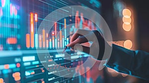 Hand using touch screen displaying financial data and charts