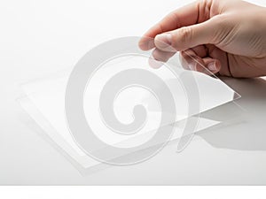 Hand using touchscreen device isolated on white background